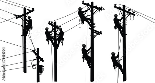 Silhouette utility workers climbing poles repairing electrical lines with safety harness teamwork high voltage maintenance power grid vector illustration design