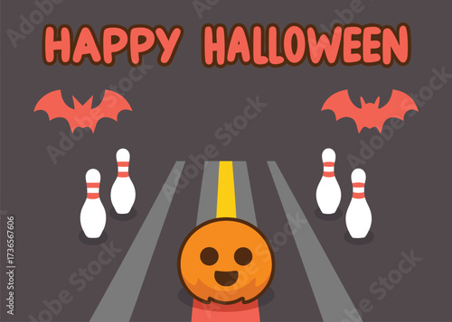 A spooky halloween bowling alley with bats flying above the pins and a pumpkin bowling ball rolling down the lane to strike them