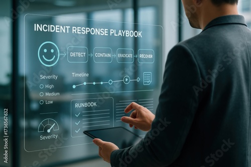 Incident response playbook overview corporate office digital display professional environment close-up view cybersecurity concepts