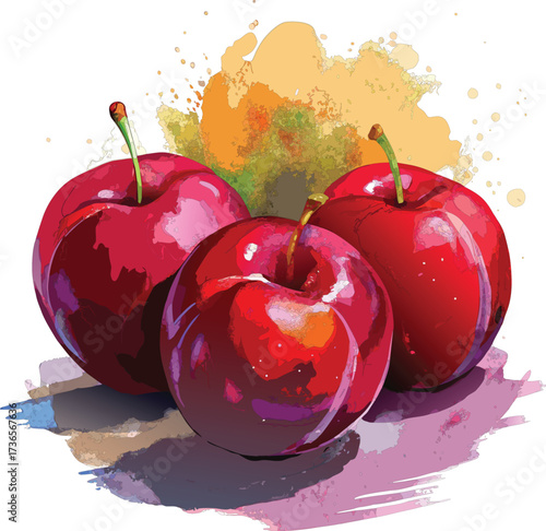 Three ripe red plums with a splash of yellow and green