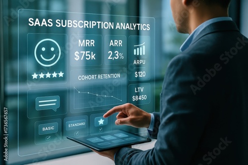 Analyzing saas subscription metrics in a modern office environment with interactive data visualizations