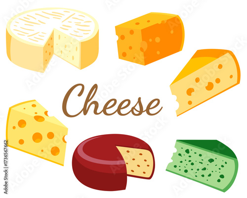 Cheese organic milk butter fresh food vector illustration set, menu label, banner poster identity, branding. Stylish design of cheese, variations cuisine illustration.