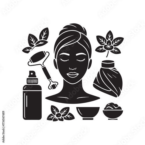 Vector art of black silhouette icons of a womans face with closed eyes, surrounded by skincare products like a jade roller, serum bottle, and bowls