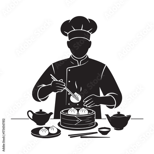 Vector art of chef preparing dumplings in a bamboo steamer with chopsticks and tea pots