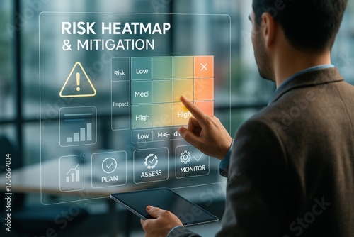Risk assessment and mitigation strategies corporate office digital visualization modern workspace close-up view business intelligence concepts