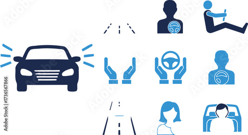 Vector art of autonomous driving technology icons and car illustration