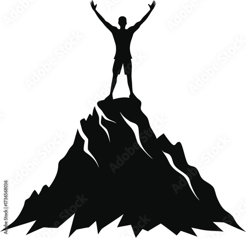 Silhouette of a person with arms raised in triumph on a mountain peak