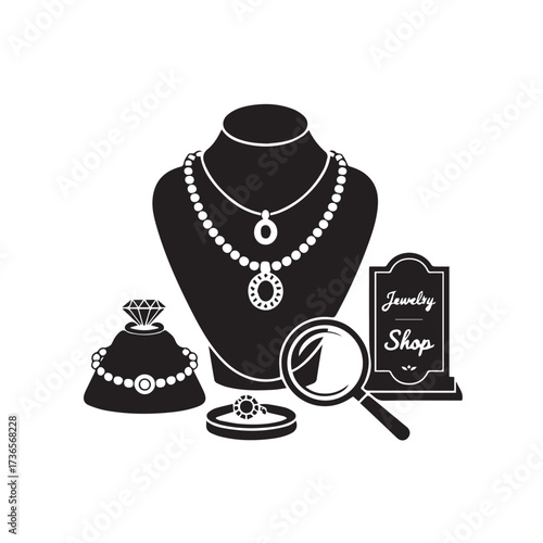 Vector art of collection of jewelry including necklaces, rings, and bracelets displayed on a mannequin bust and stands