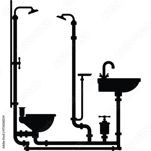 Bathroom Fixtures Silhouette plumbing toilet shower sink pipe exposed black white illustration design interior home water faucet drain