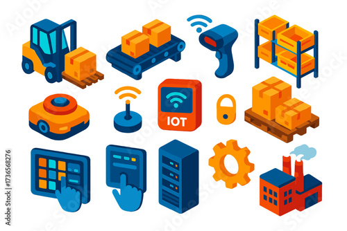 Warehouse Automation Icons. Isometric vector illustration set Warehouse Automation: robotic forklift, conveyor belt, barcode