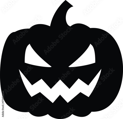 Black silhouette of a Halloween pumpkin with sad grumpy expression and jagged frown carved face on white background