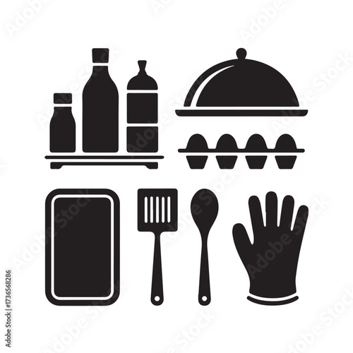 Vector art of collection of kitchen and food preparation icons including bottles, eggs, tray, spatula, spoon, and glove