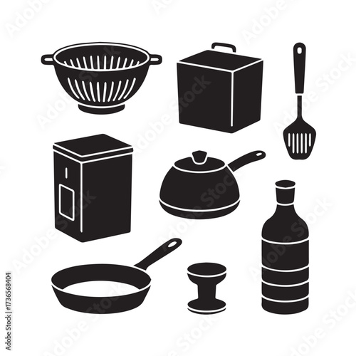 Vector art of collection of kitchen utensils and cookware, including a colander, pots, pans, a spatula, and a bottle