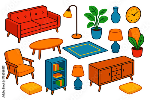 Mid-Century Living Room Icons. Isometric vector illustration set Mid-Century Living Room: sofa, standing lamp, potted plant,