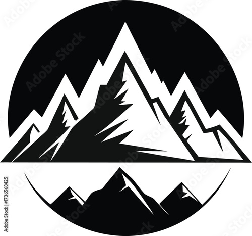 Stylized black and white mountain range emblem in circle