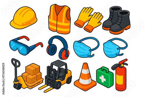 Logistics Safety Icons. Isometric vector illustration set Logistics Safety Gear: safety helmet, high-visibility vest, protective
