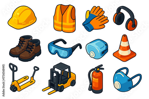 Logistics Safety Icons. Isometric vector illustration set Logistics Safety Gear: safety helmet, high-visibility vest, protective