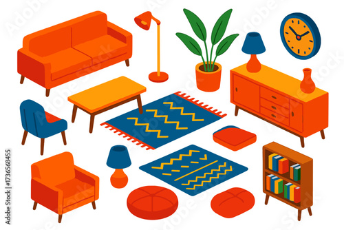 Mid-Century Living Room Icons. Isometric vector illustration set Mid-Century Living Room: sofa, standing lamp, potted plant,