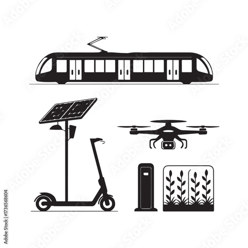 Vector art of collection of modern transportation and technology icons including a tram, electric scooter with solar panel, drone, and charging station