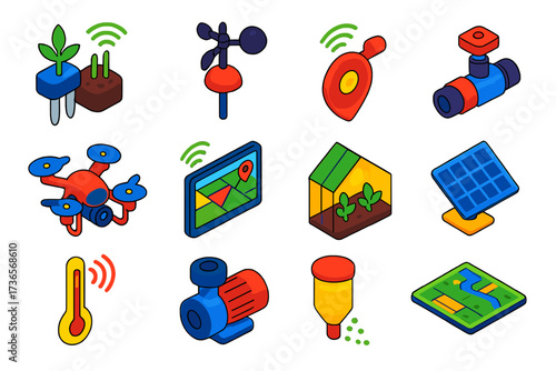 IoT Farming Technology Icons. Isometric vector illustration set IoT Farming Devices: soil moisture sensor, weather station, GPS