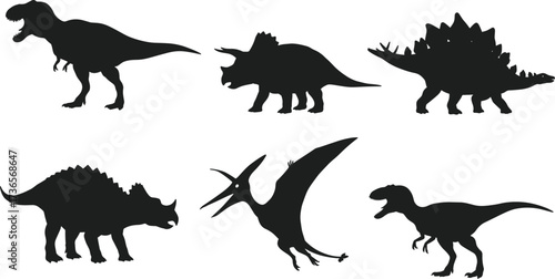 Silhouettes of dinosaurs including Tyrannosaurus Triceratops Pteranodon Stegosaurus and Velociraptor, prehistoric black vector illustration set for education design