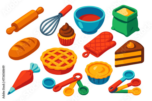 Baking Tools Icons. Isometric vector illustration set Baking Day: rolling pin, whisk, mixing bowl, flour bag, cupcake, bread loaf,