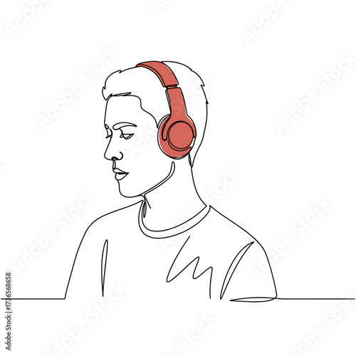 Young man listening to music with headphones in minimalist style  