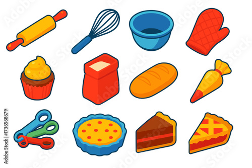 Baking Tools Icons. Isometric vector illustration set Baking Day: rolling pin, whisk, mixing bowl, flour bag, cupcake, bread loaf,