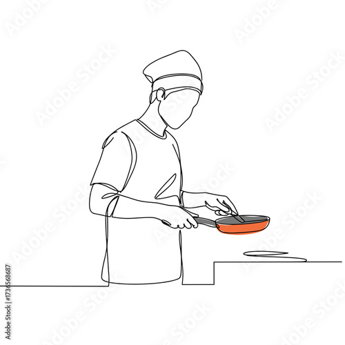 Chef cooking with frying pan in minimalistic kitchen style  