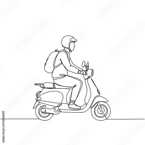 Man riding a scooter in minimalist line art style  