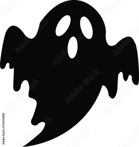 Black silhouette of a spooky ghost with hollow eyes and flowing shape in minimalist Halloween vector illustration