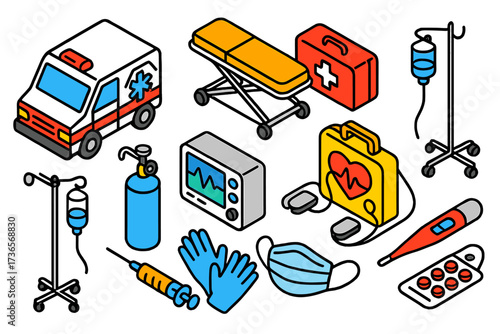 Emergency Care Icons. Isometric vector illustration set Outline Emergency Care: ambulance, stretcher, first aid kit, heart monitor