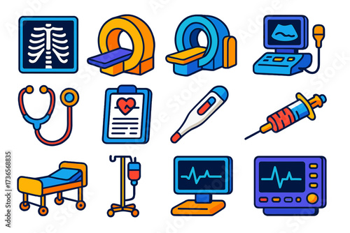 Medical Imaging Icons. Isometric vector illustration set Outline Radiology and Imaging: X-ray image, CT scanner, MRI machine,