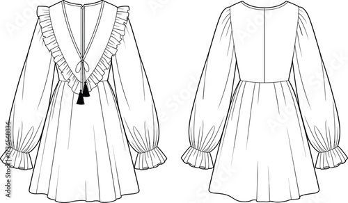 Fashion illustration dress design, long sleeve gown, ruffled neckline, tassel detail, front and back view, garment sketch, couture style