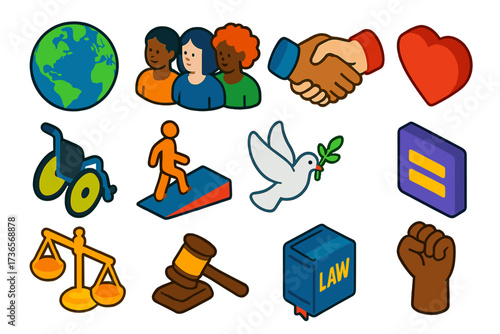 Unity in Diversity Icons. Isometric vector illustration set Unity in Diversity: globe, diverse people, handshake, heart,