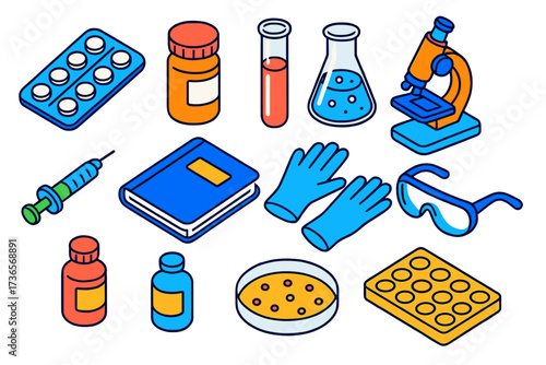 Pharmaceutical Research Icons. Isometric vector illustration set Outline Pharmaceutical Research: pill blister pack, capsule