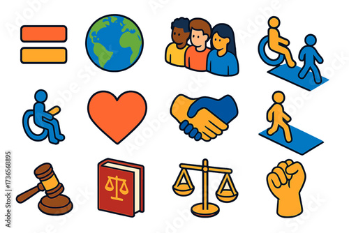 Diversity and Equality Icons. Isometric vector illustration set Rights for All: equality sign, globe, diverse people, handshake,