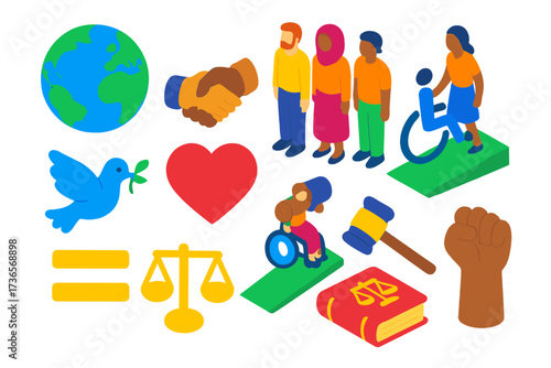 Unity in Diversity Icons. Isometric vector illustration set Unity in Diversity: globe, diverse people, handshake, heart,