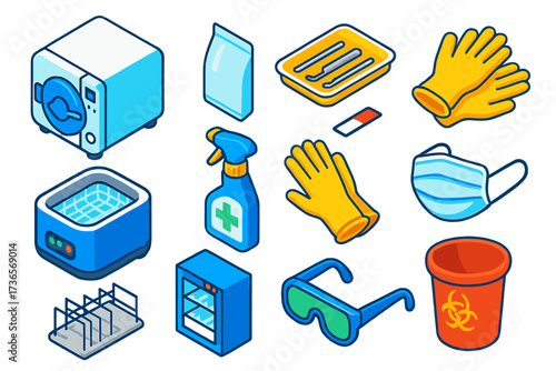 Dental Sterilization Essentials. Isometric vector illustration set Dental sterilization: autoclave machine, sterilization pouch,