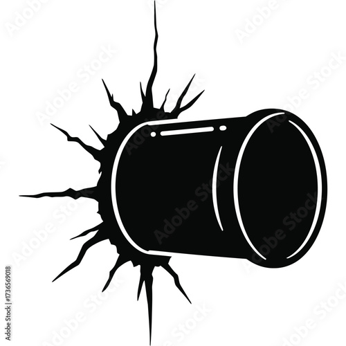 Black and White Hole Bursting Through Wall cylinder damage break crack destruction impact smash abstract graphic design illustration