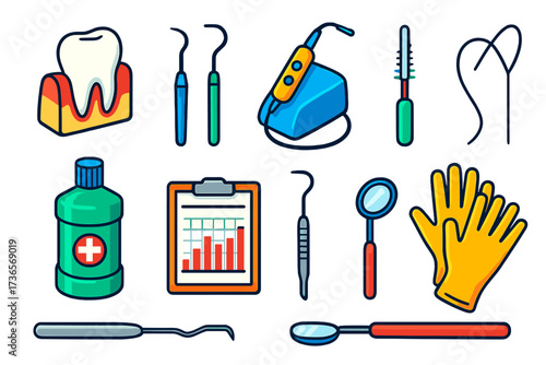 Periodontal Care Icons. Isometric vector illustration set Periodontal care: gum model, scaler, curette, ultrasonic cleaner,