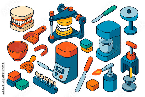 Dental Lab Tools. Isometric vector illustration set Dental lab: plaster model, articulator, wax knife, mold tray, polishing wheel,
