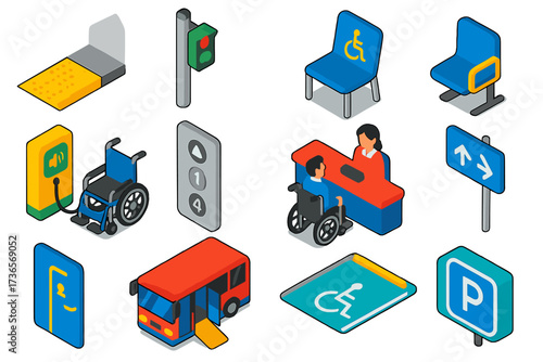 Accessible Public Space Features. Isometric vector illustration set Public space accessibility: tactile paving, audio traffic