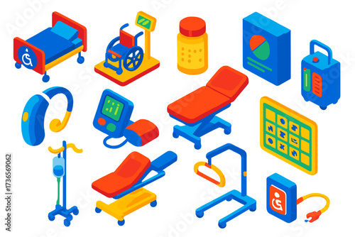 Accessible Healthcare Icons. Isometric vector illustration set Accessible healthcare: hospital bed with accessibility symbol,