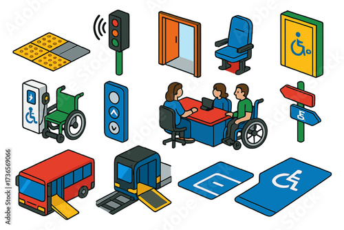 Accessible Public Space Features. Isometric vector illustration set Public space accessibility: tactile paving, audio traffic
