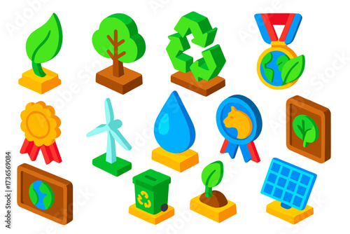 Environmental Awards Icons. Isometric vector illustration set Environmental awards: leaf-shaped trophy, tree-shaped plaque,