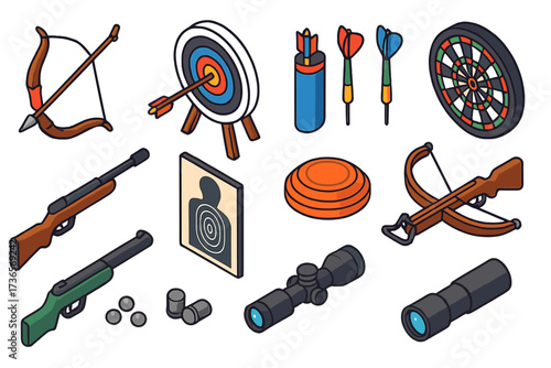Mini Target Sports. Isometric vector illustration set Mini target sports: archery bow, arrows, target board, quiver, darts,