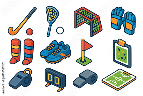 Mini Sports Equipment. Isometric vector illustration set Mini field sports: field hockey stick, ball, goal cage, lacrosse stick,