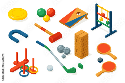 Colorful Mini Sports Icons. Isometric vector illustration set Mini recreational sports: frisbee, bocce ball, cornhole board,