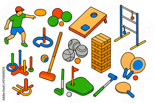 Colorful Mini Sports Icons. Isometric vector illustration set Mini recreational sports: frisbee, bocce ball, cornhole board,